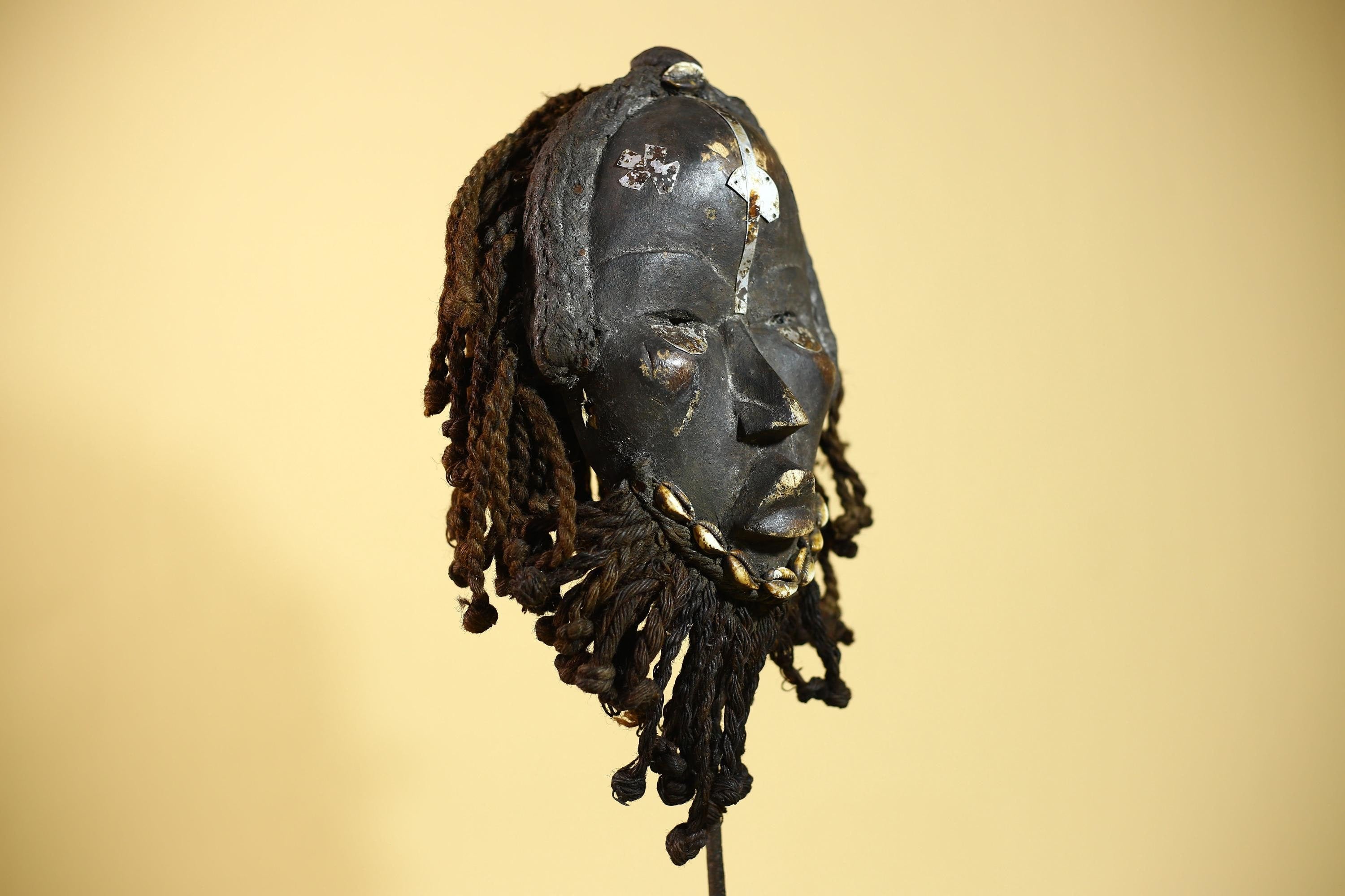 Authentic African Dan Mask With Braided Fibre Hair & Cowrie Details Mask-G6033