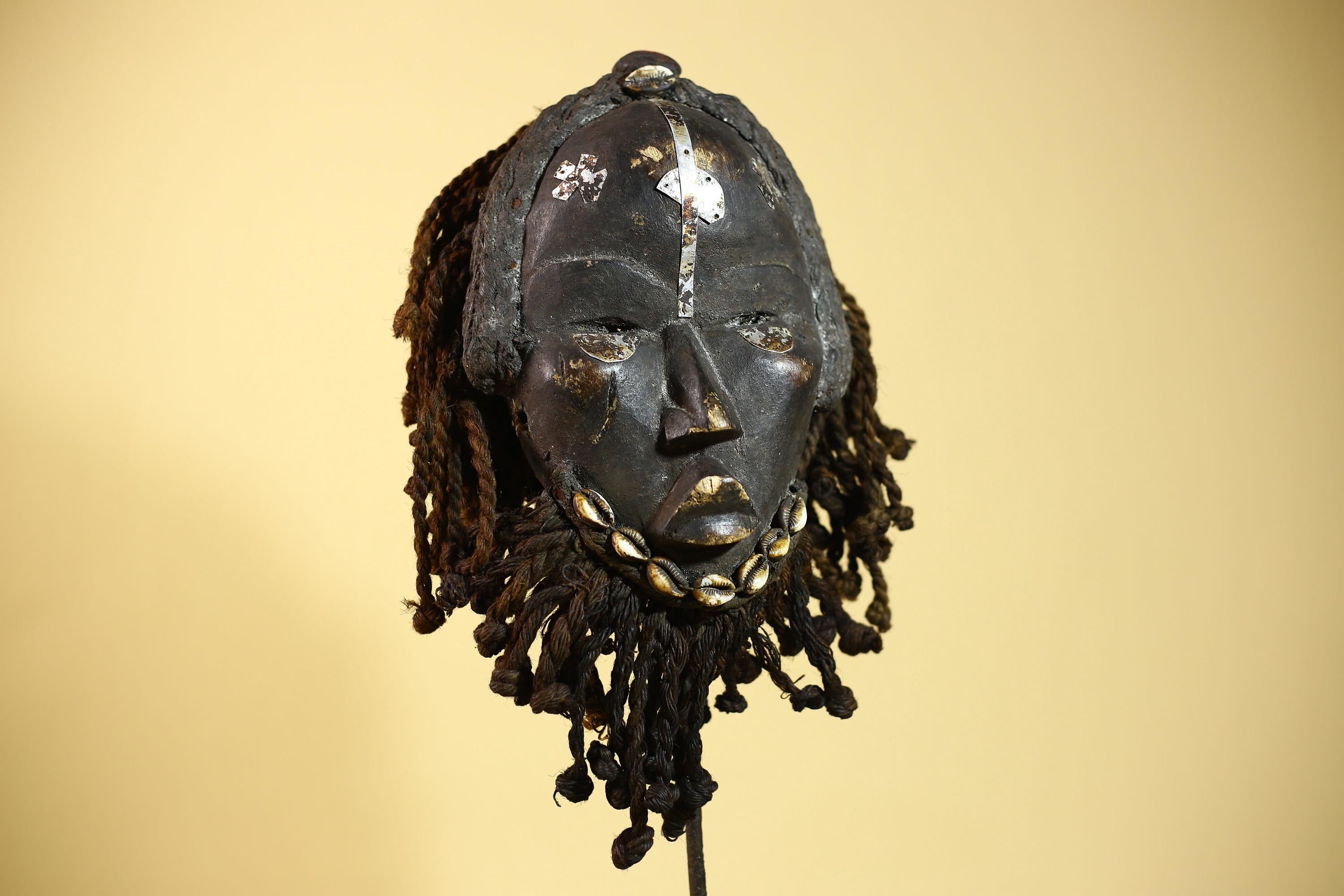 Authentic African Dan Mask With Braided Fibre Hair & Cowrie Details Mask-G6033