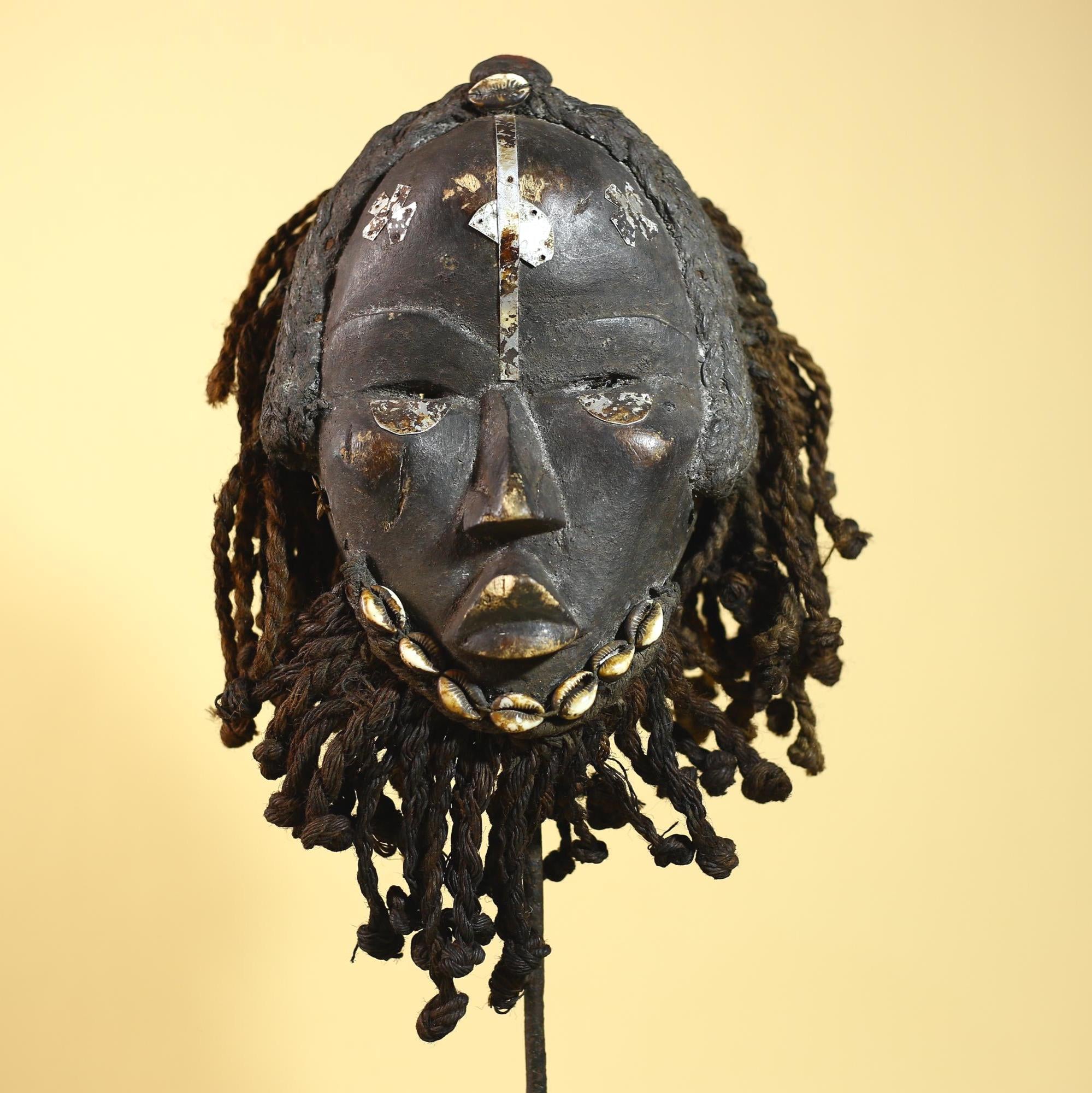 Authentic African Dan Mask With Braided Fibre Hair & Cowrie Details Mask-G6033