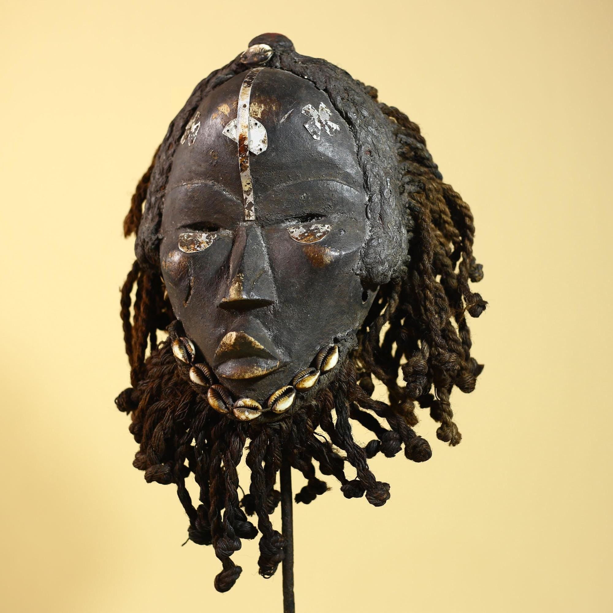 Authentic African Dan Mask With Braided Fibre Hair & Cowrie Details Mask-G6033