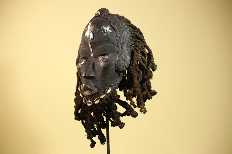Authentic African Dan Mask With Braided Fibre Hair & Cowrie Details Mask-G6033