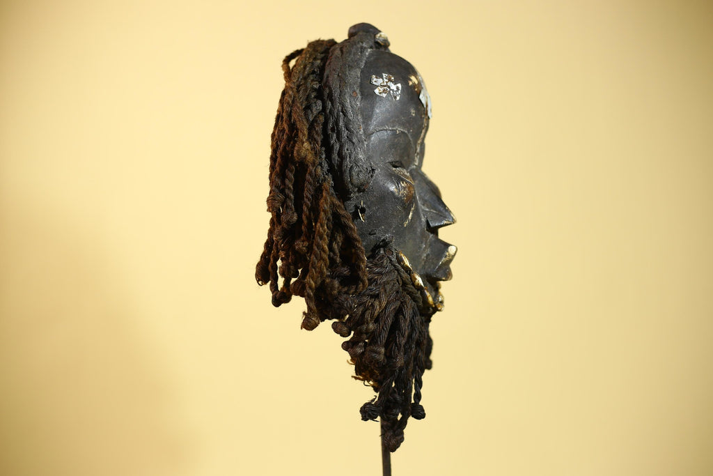 Authentic African Dan Mask With Braided Fibre Hair & Cowrie Details Mask-G6033