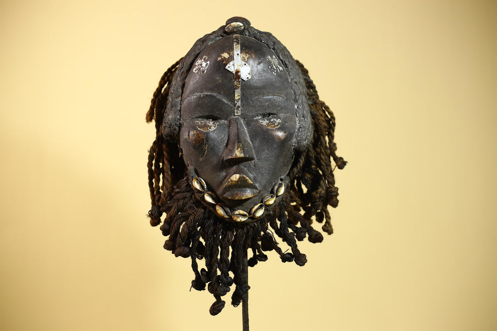 Authentic African Dan Mask With Braided Fibre Hair & Cowrie Details Mask-G6033