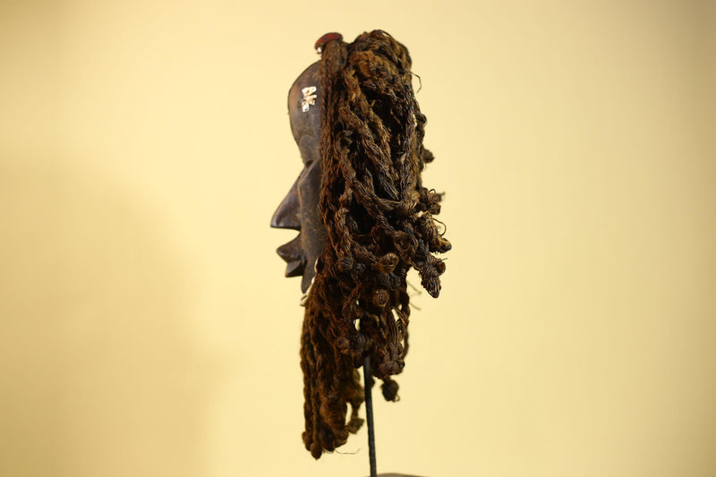 African Antique Dan Mask With Cowrie Beard & Braided Fiber Hair Tribal Art-G6034