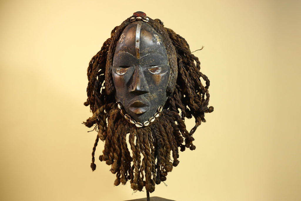 African Antique Dan Mask With Cowrie Beard & Braided Fiber Hair Tribal Art-G6034