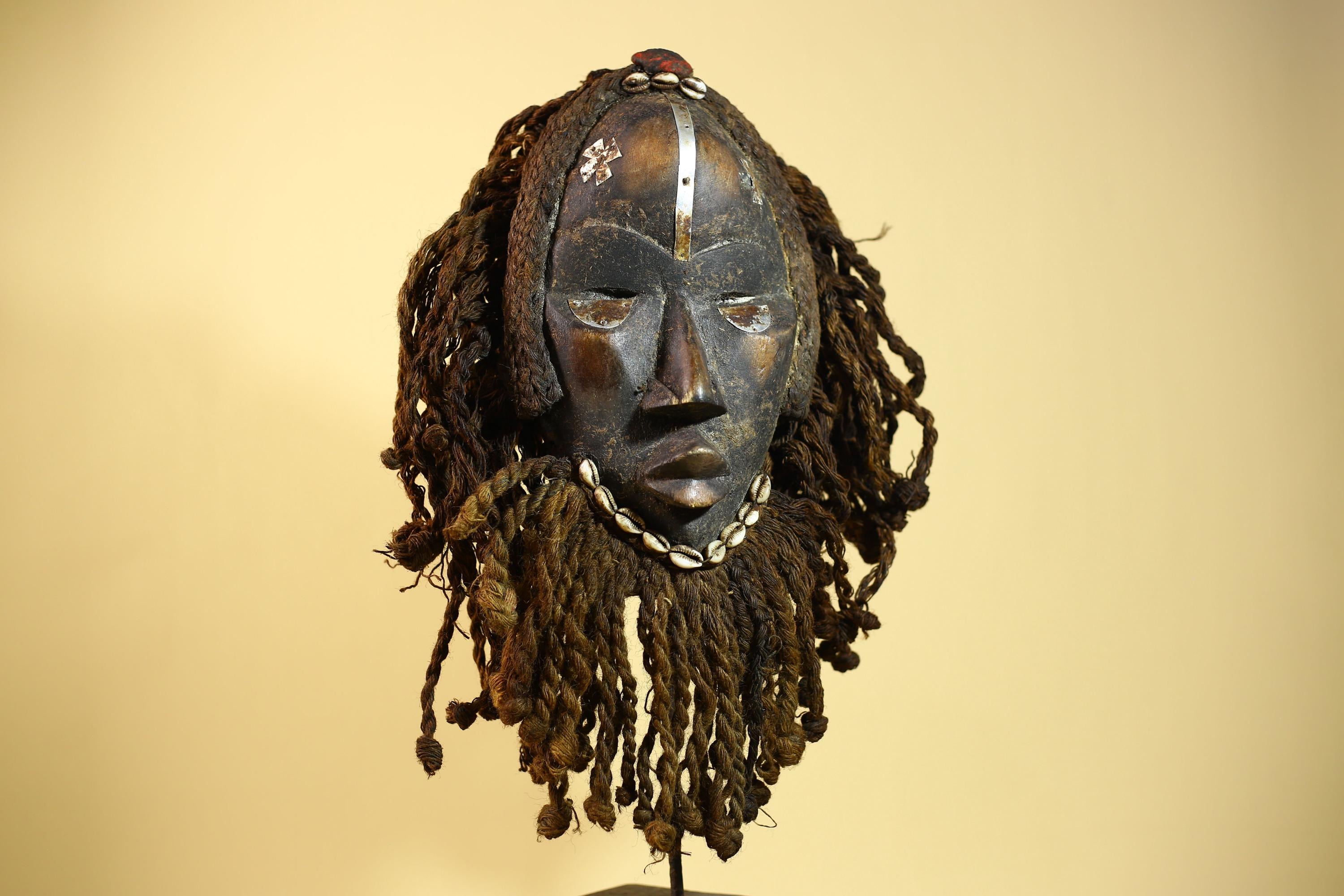 African Antique Dan Mask With Cowrie Beard & Braided Fiber Hair Tribal Art-G6034