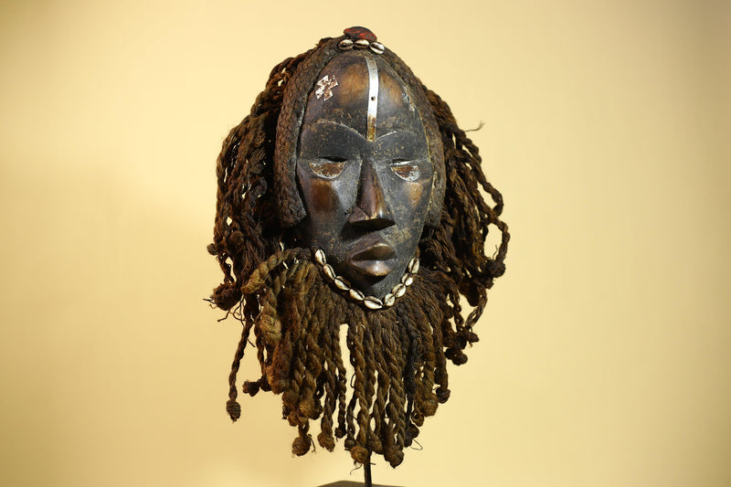African Antique Dan Mask With Cowrie Beard & Braided Fiber Hair Tribal Art-G6034