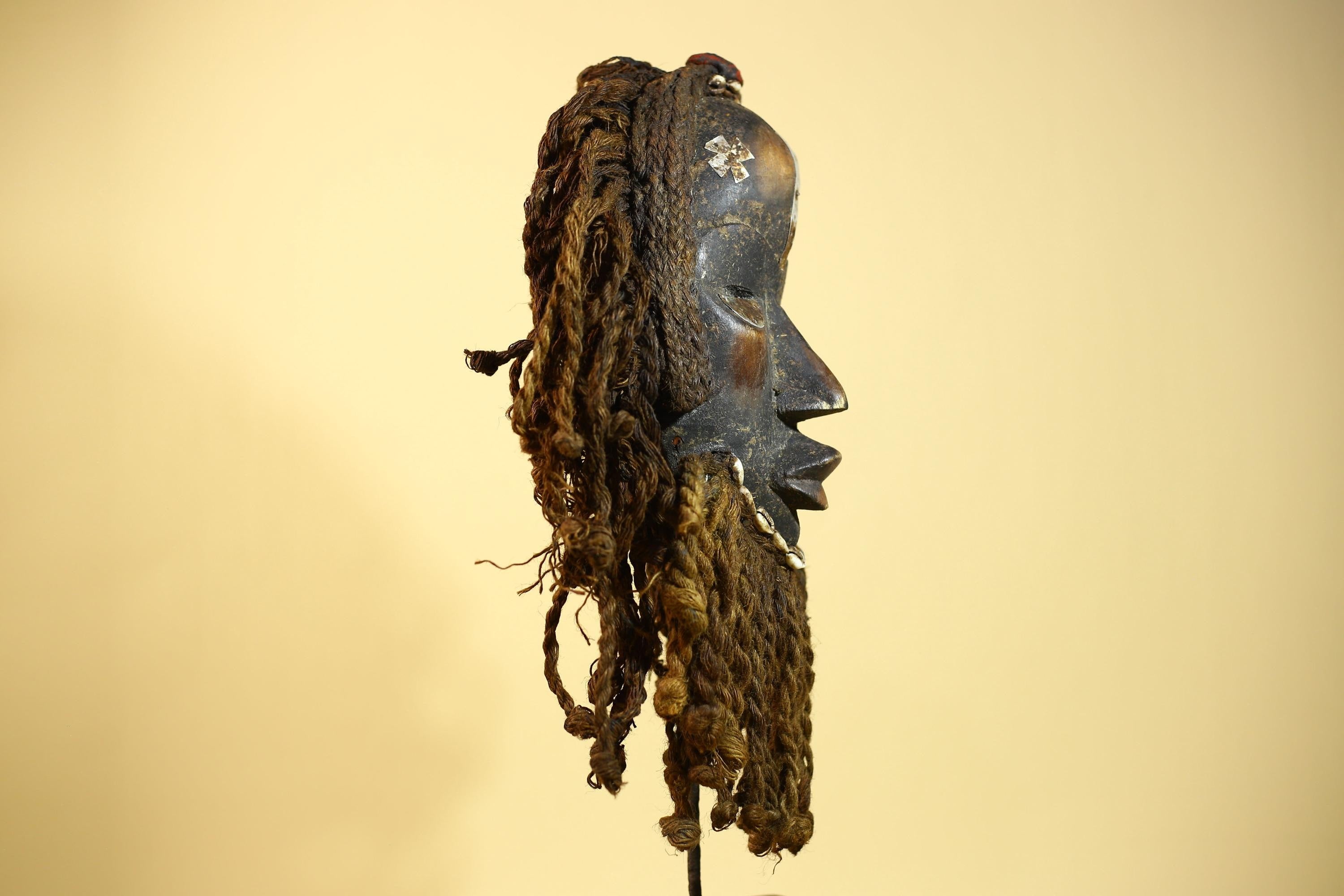 African Antique Dan Mask With Cowrie Beard & Braided Fiber Hair Tribal Art-G6034