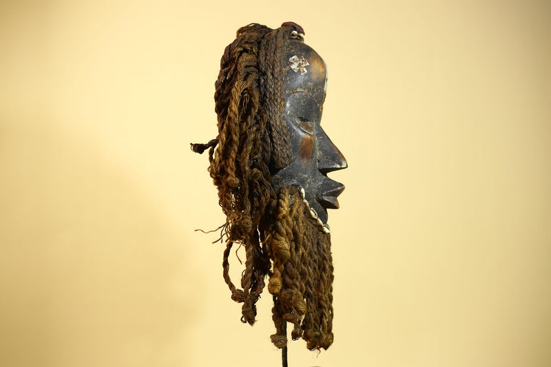 African Antique Dan Mask With Cowrie Beard & Braided Fiber Hair Tribal Art-G6034