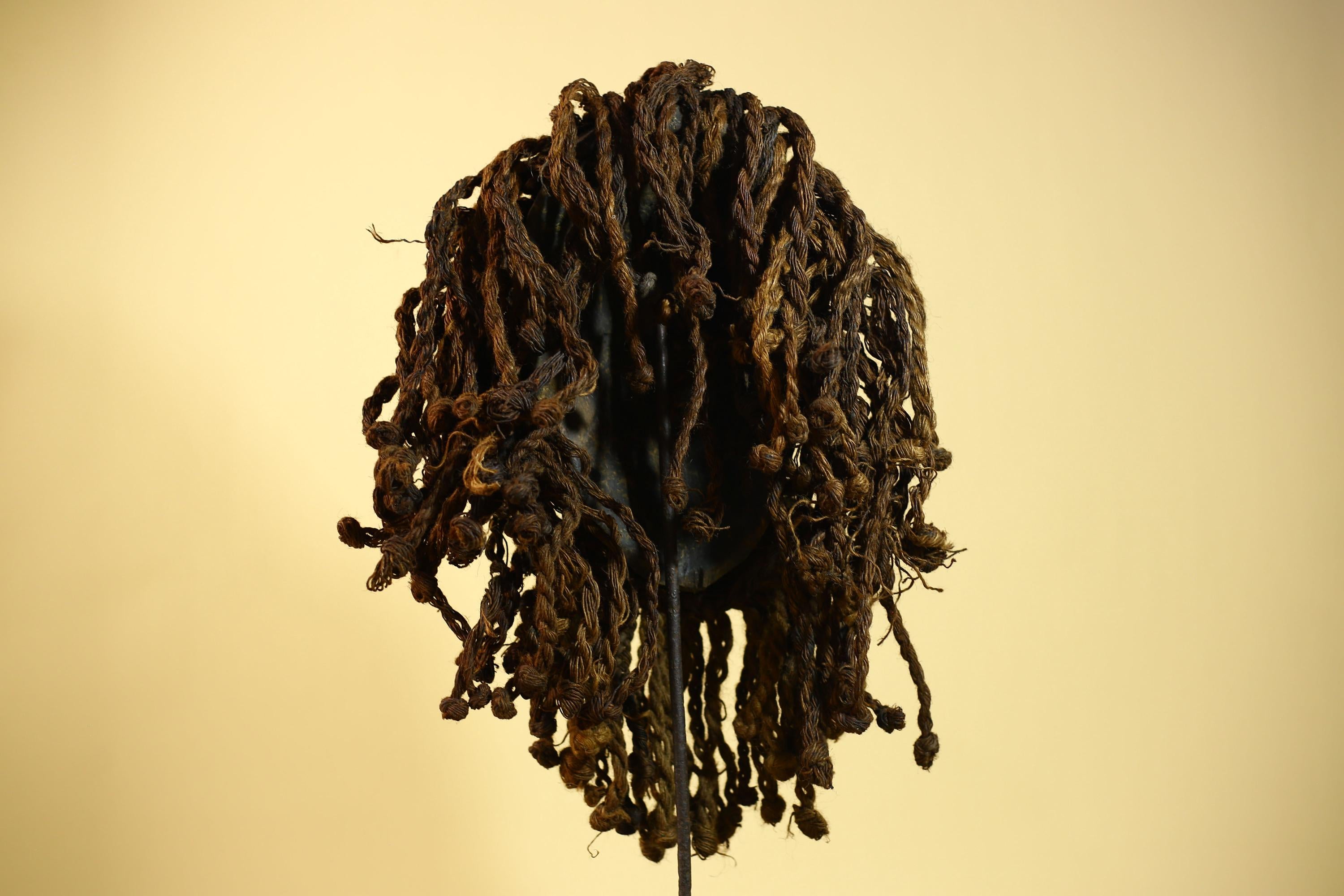 African Antique Dan Mask With Cowrie Beard & Braided Fiber Hair Tribal Art-G6034