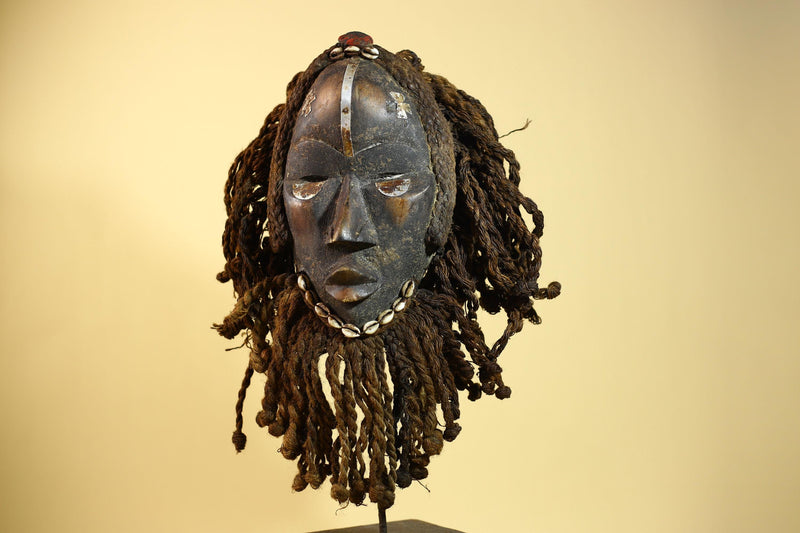 African Antique Dan Mask With Cowrie Beard & Braided Fiber Hair Tribal Art-G6034