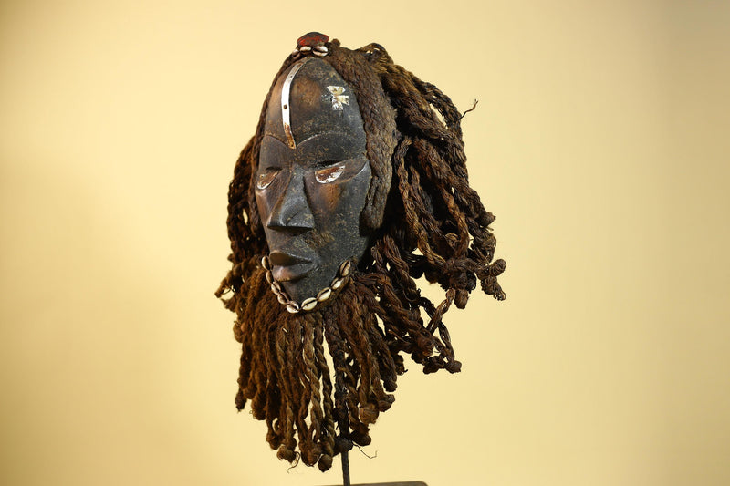 African Antique Dan Mask With Cowrie Beard & Braided Fiber Hair Tribal Art-G6034