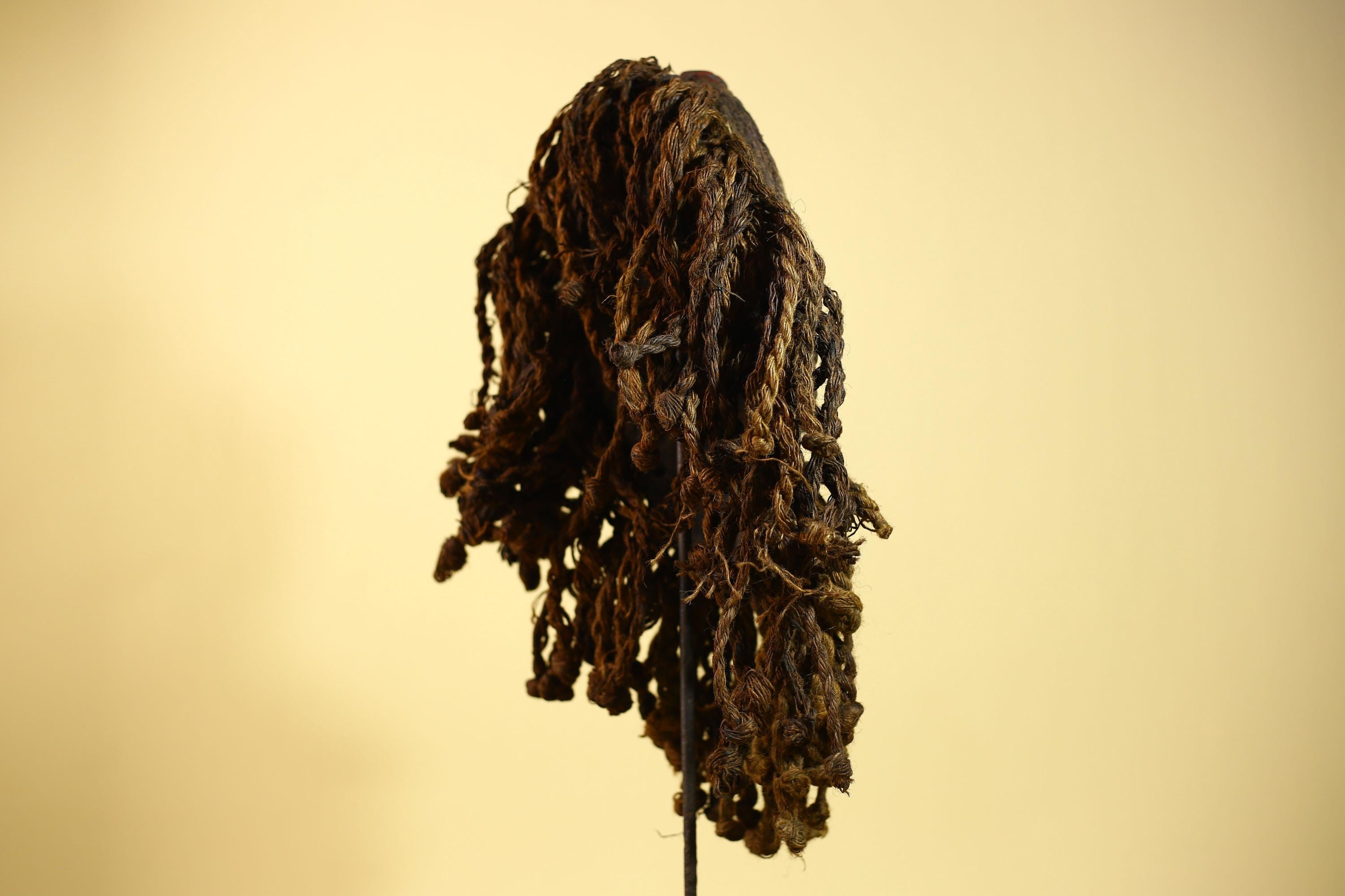 African Antique Dan Mask With Cowrie Beard & Braided Fiber Hair Tribal Art-G6034