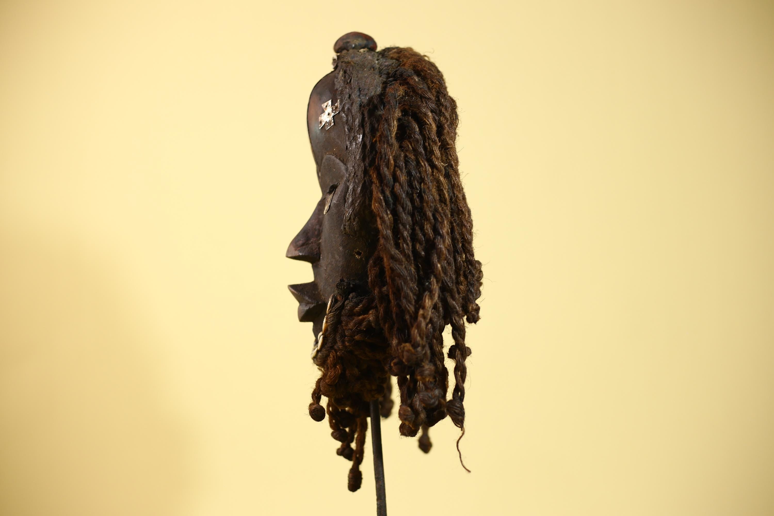 Antique Dan Mask with Braided Beard & Metal Inlays African Collectible Art-G6035