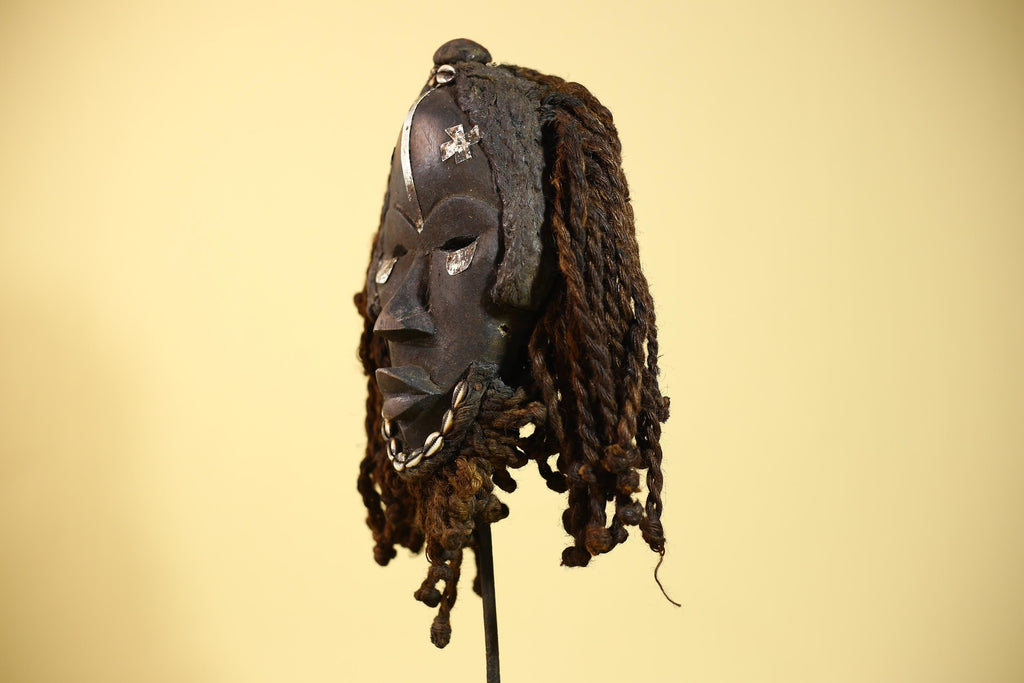 Antique Dan Mask with Braided Beard & Metal Inlays African Collectible Art-G6035