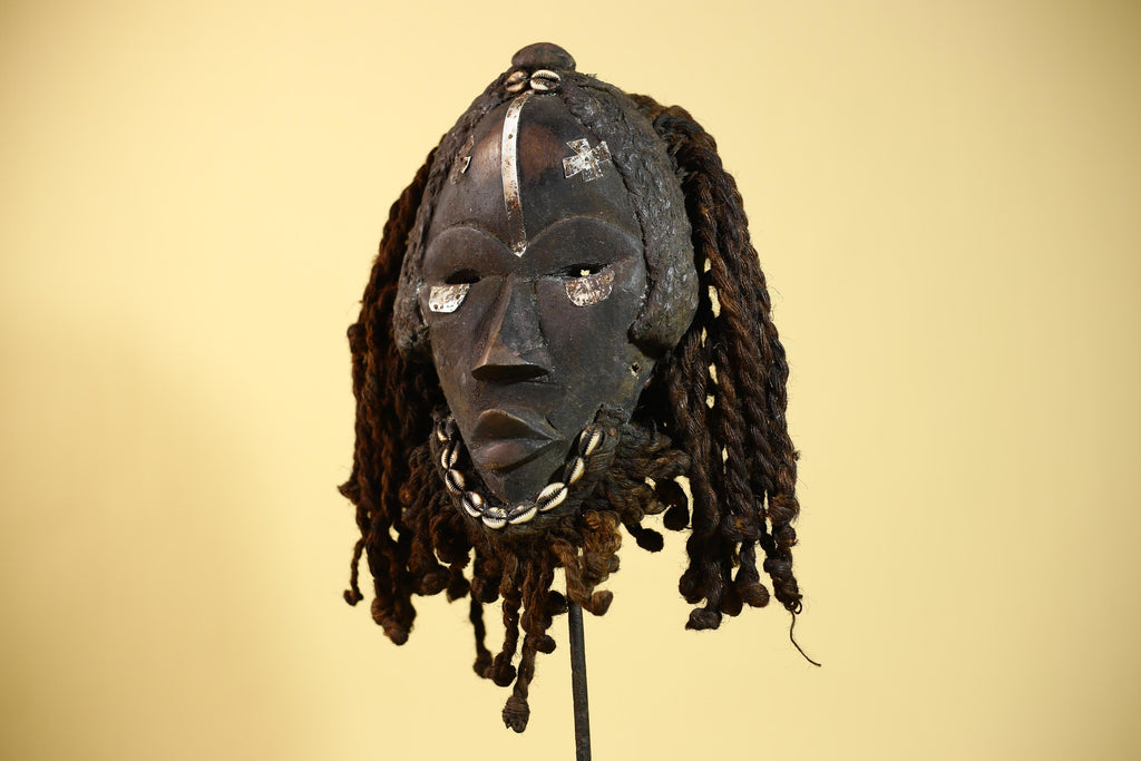 Antique Dan Mask with Braided Beard & Metal Inlays African Collectible Art-G6035