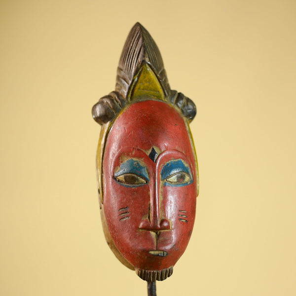 African Vintage Baule Mask Red Painted Mask with Crest Carved Wood Wall Art-G6036