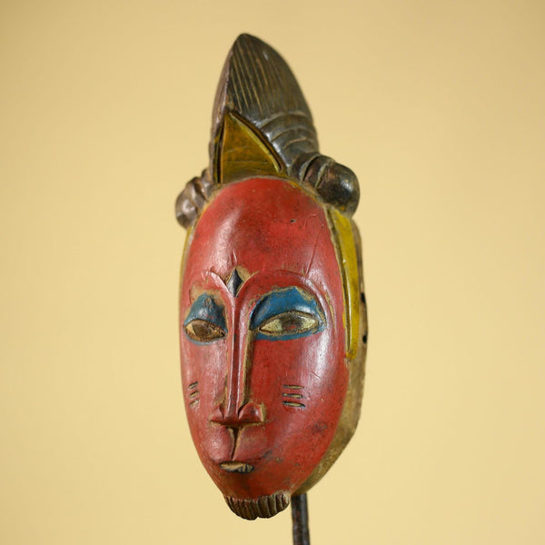 African Vintage Baule Mask Red Painted Mask with Crest Carved Wood Wall Art-G6036