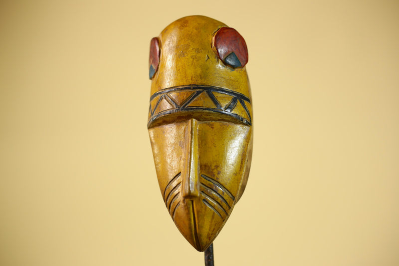 African Guro Tribal  Mask Hand Carved Wood Painted Yellow Ritual Wall Mask-G6037