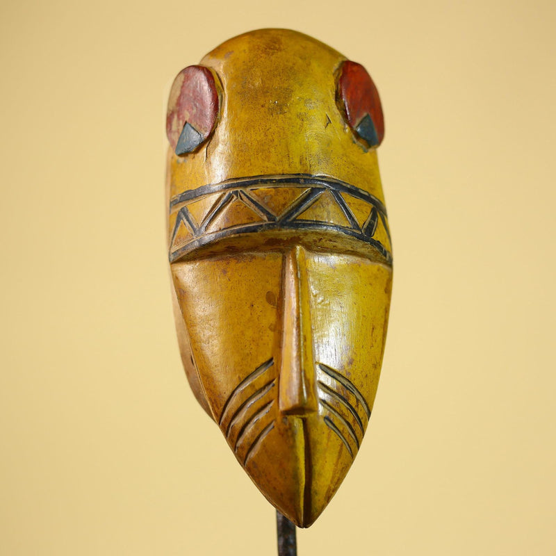 African Guro Tribal  Mask Hand Carved Wood Painted Yellow Ritual Wall Mask-G6037