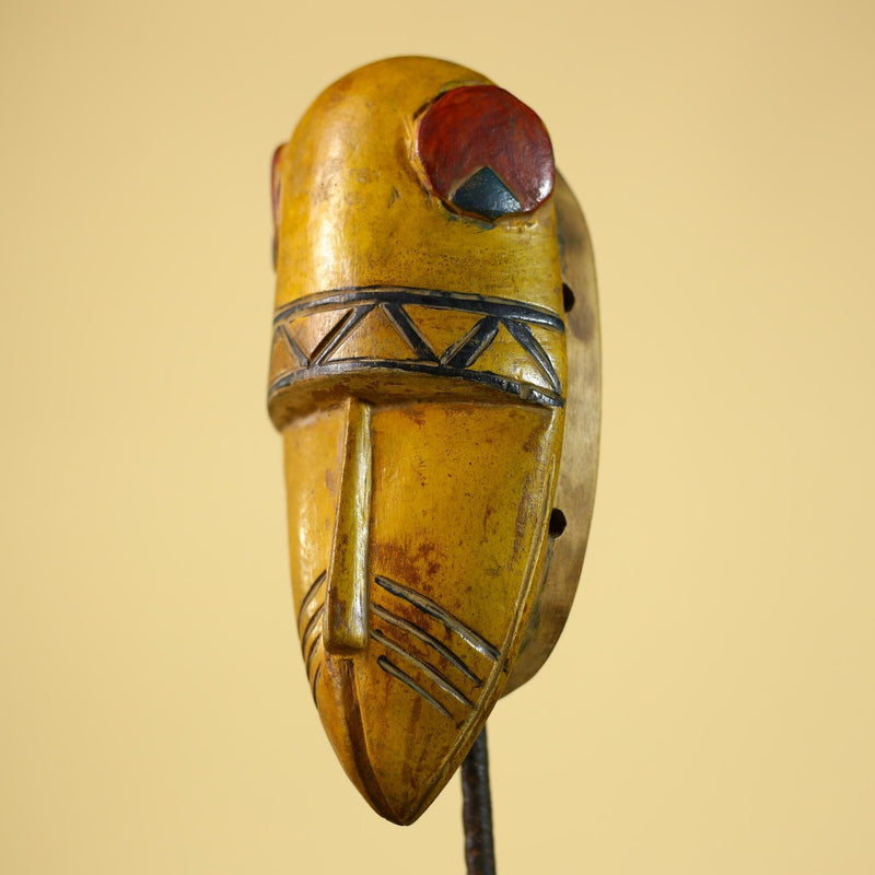 African Guro Tribal  Mask Hand Carved Wood Painted Yellow Ritual Wall Mask-G6037