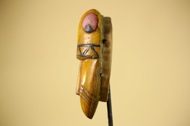 African Guro Tribal  Mask Hand Carved Wood Painted Yellow Ritual Wall Mask-G6037