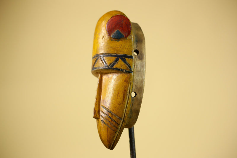 African Guro Tribal  Mask Hand Carved Wood Painted Yellow Ritual Wall Mask-G6037