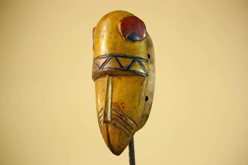 African Guro Tribal  Mask Hand Carved Wood Painted Yellow Ritual Wall Mask-G6037