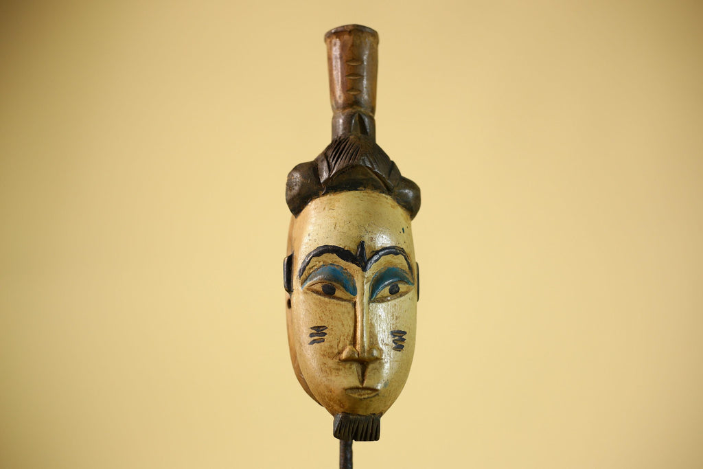 African Vintage Tribal Mask Hand-Carved Wood Painted Cream & Blue Wall Art-G6038