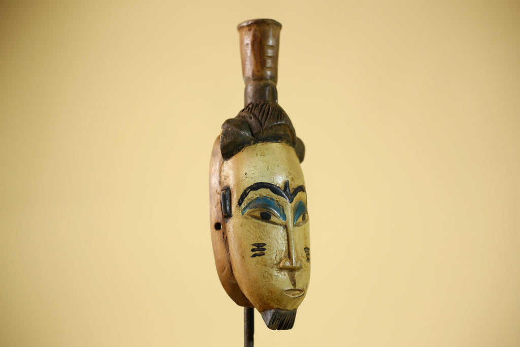 African Vintage Tribal Mask Hand-Carved Wood Painted Cream & Blue Wall Art-G6038