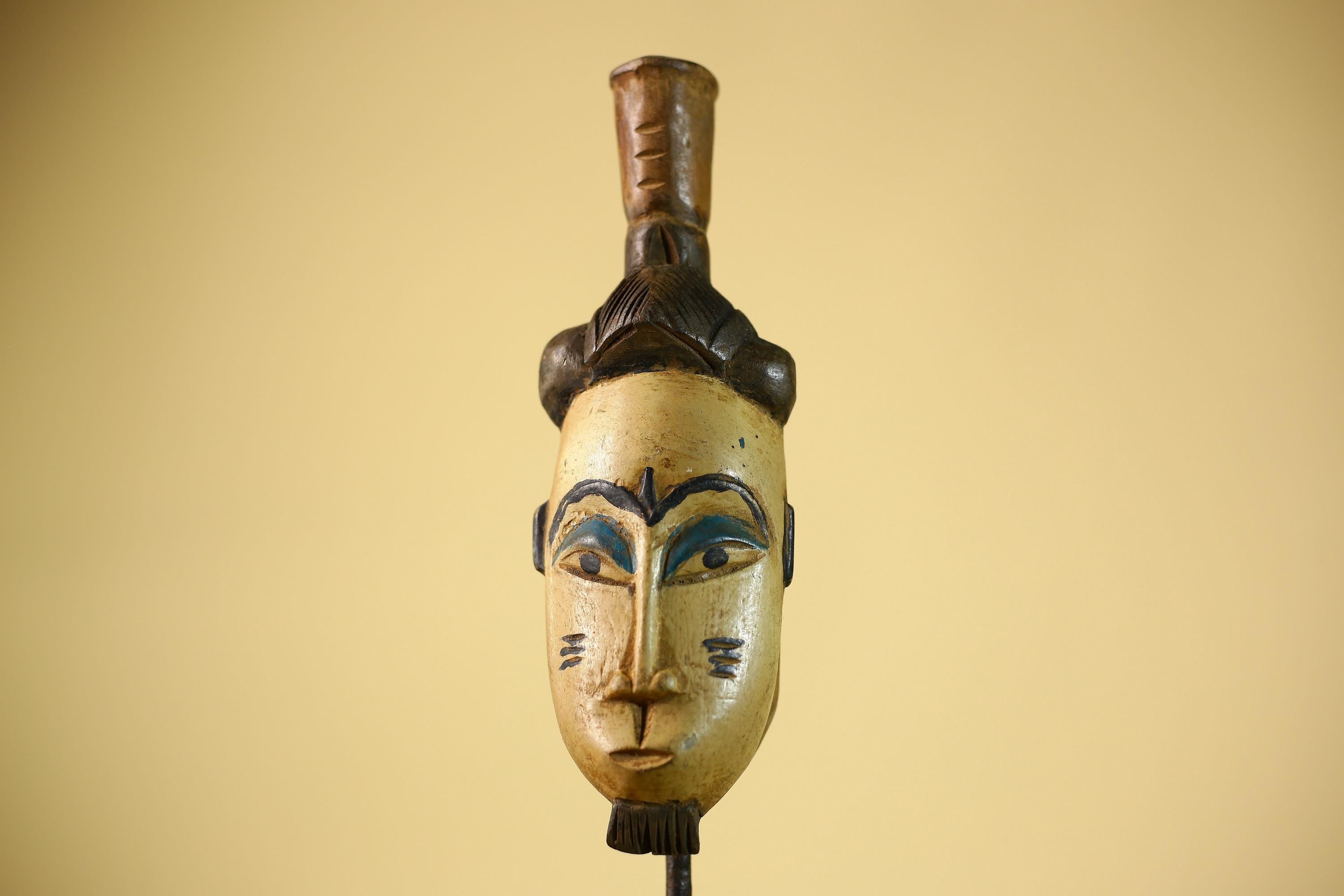 African Vintage Tribal Mask Hand-Carved Wood Painted Cream & Blue Wall Art-G6038