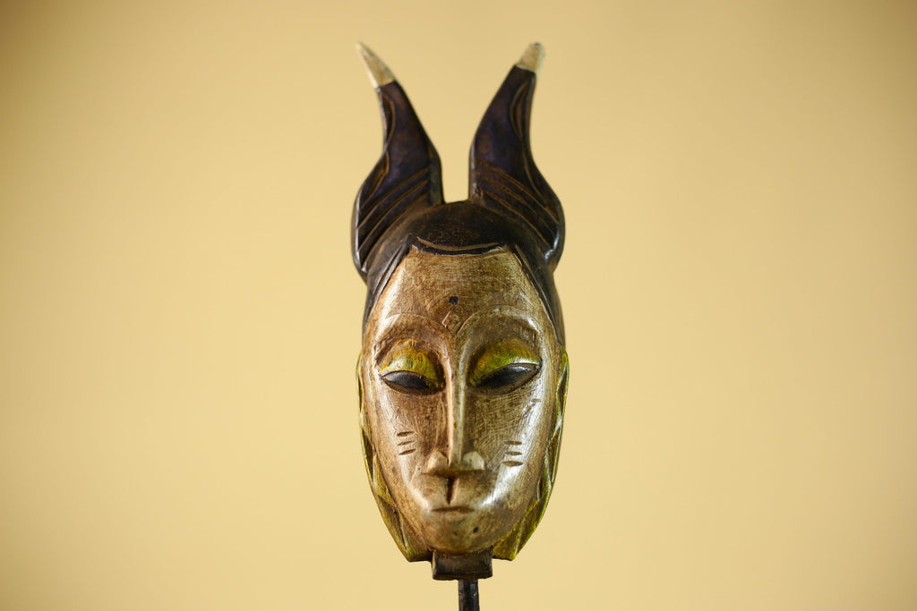 Vintage African Baule Mask with Tall Horned Crest Collectible Ethnic Wall-G6039