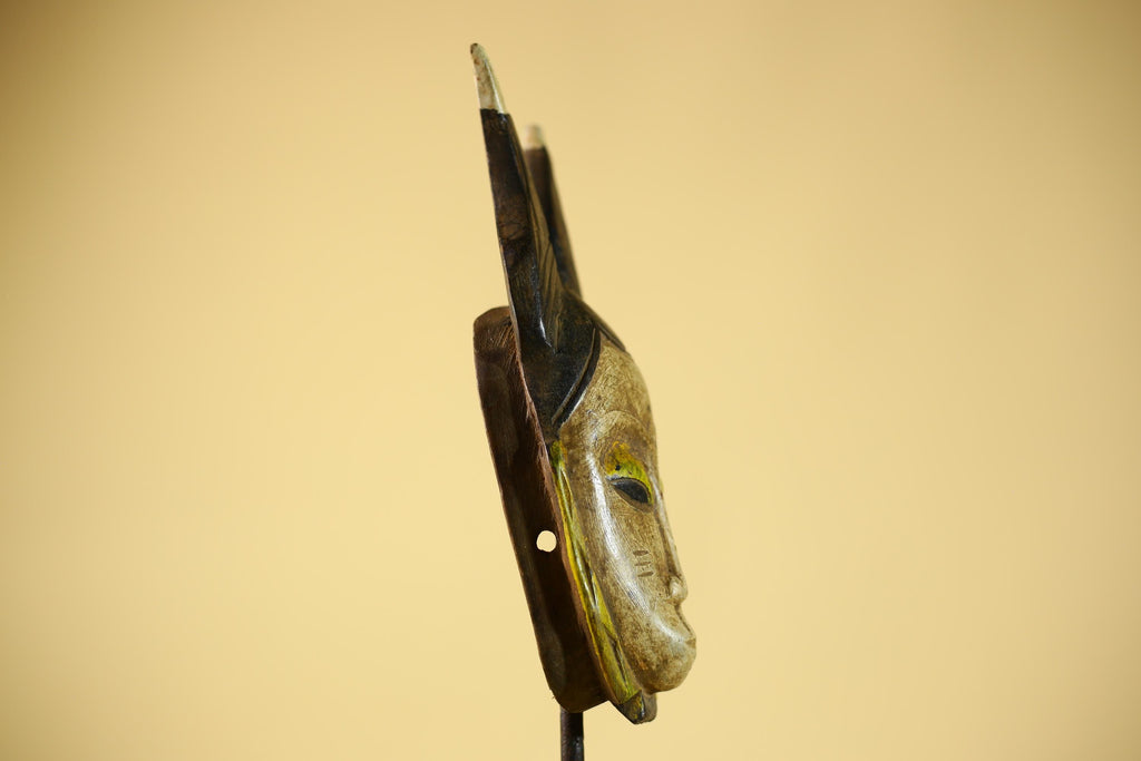 Vintage African Baule Mask with Tall Horned Crest Collectible Ethnic Wall-G6039