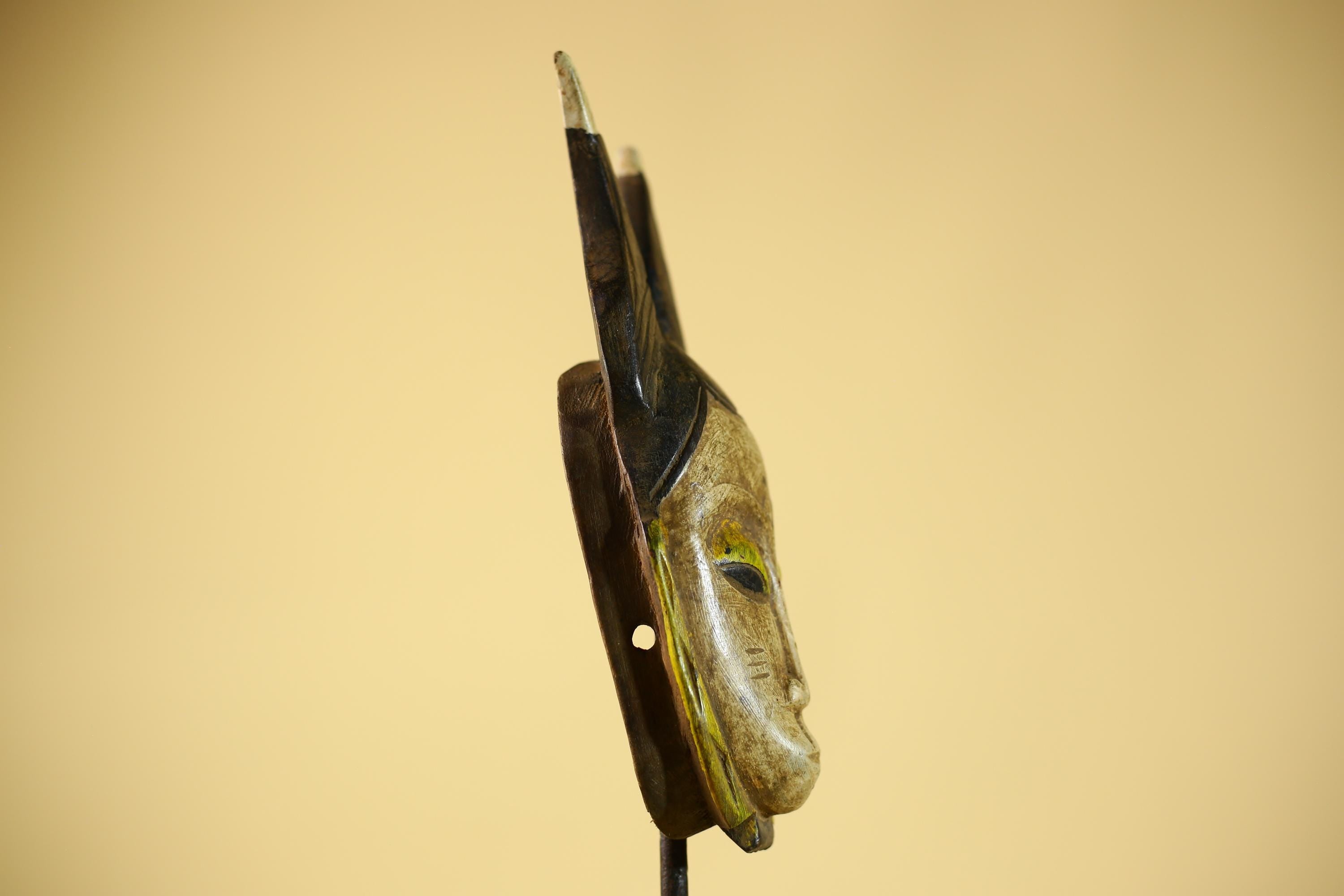 Vintage African Baule Mask with Tall Horned Crest Collectible Ethnic Wall-G6039