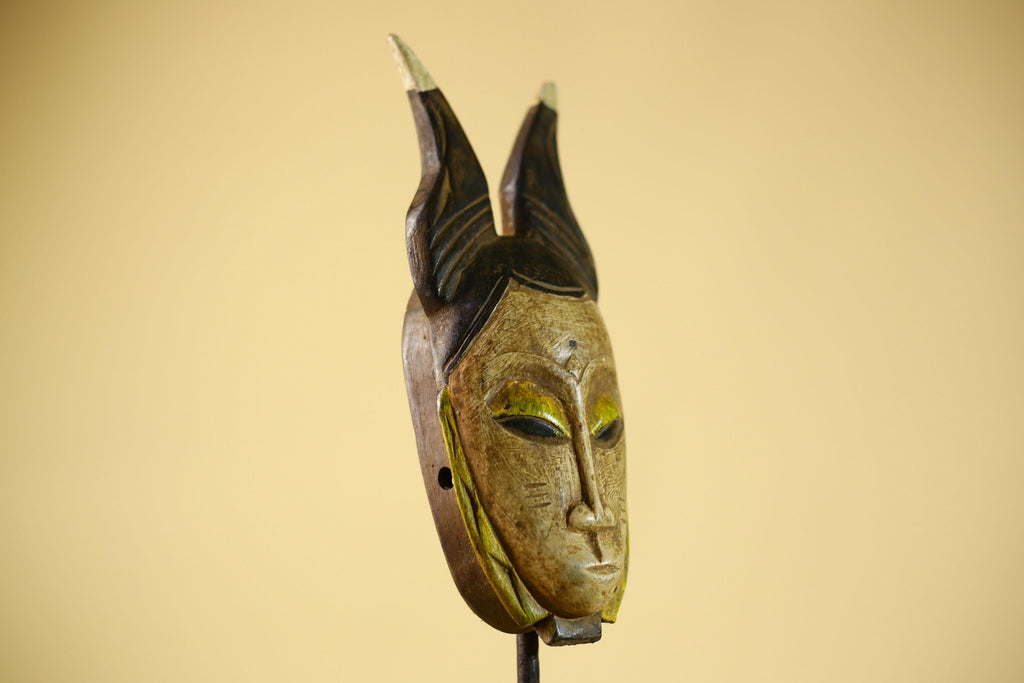 Vintage African Baule Mask with Tall Horned Crest Collectible Ethnic Wall-G6039
