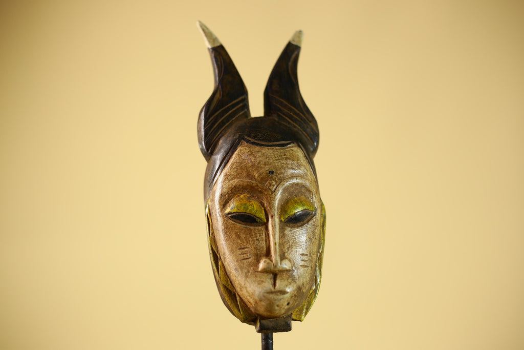Vintage African Baule Mask with Tall Horned Crest Collectible Ethnic Wall-G6039