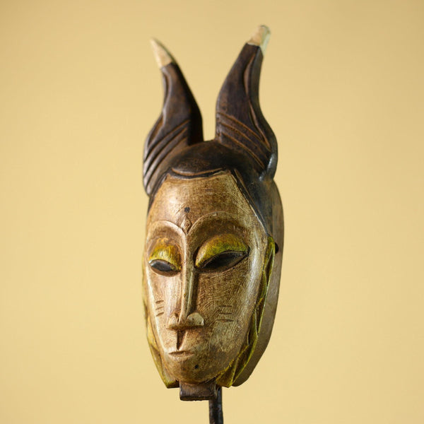 Vintage African Baule Mask with Tall Horned Crest Collectible Ethnic Wall-G6039