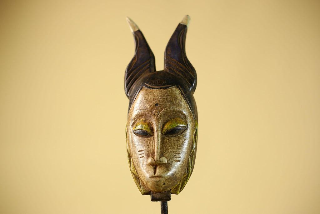 Vintage African Baule Mask with Tall Horned Crest Collectible Ethnic Wall-G6039