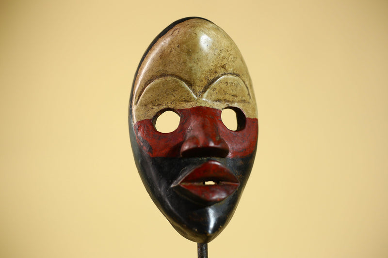 Vintage African Dan Mask Red Black Carved Wood Mask with Bold Lip Wall Art-G6040