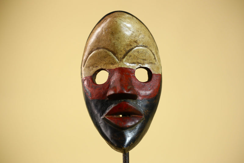 Vintage African Dan Mask Red Black Carved Wood Mask with Bold Lip Wall Art-G6040