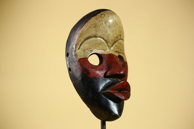 Vintage African Dan Mask Red Black Carved Wood Mask with Bold Lip Wall Art-G6040
