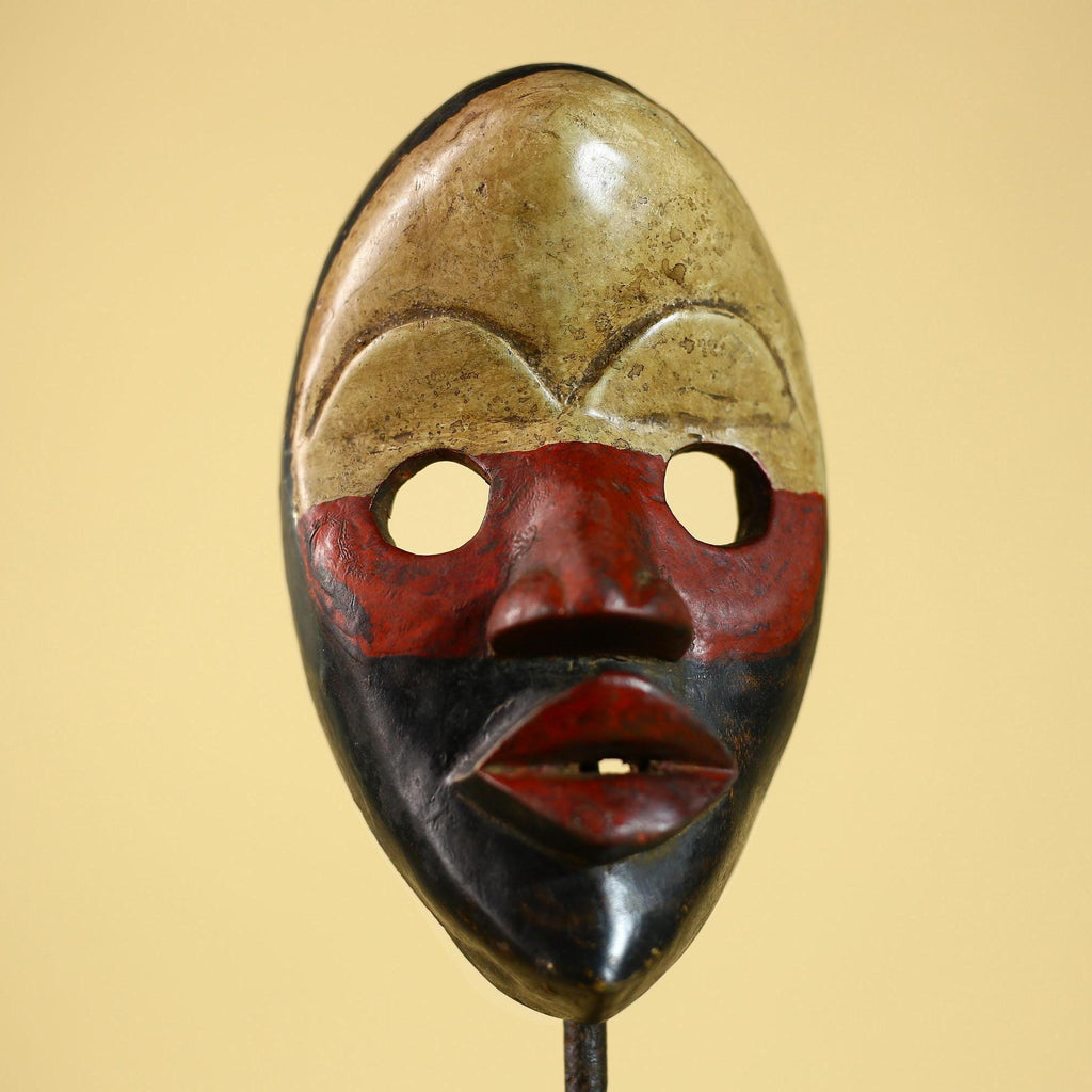 Vintage African Dan Mask Red Black Carved Wood Mask with Bold Lip Wall Art-G6040