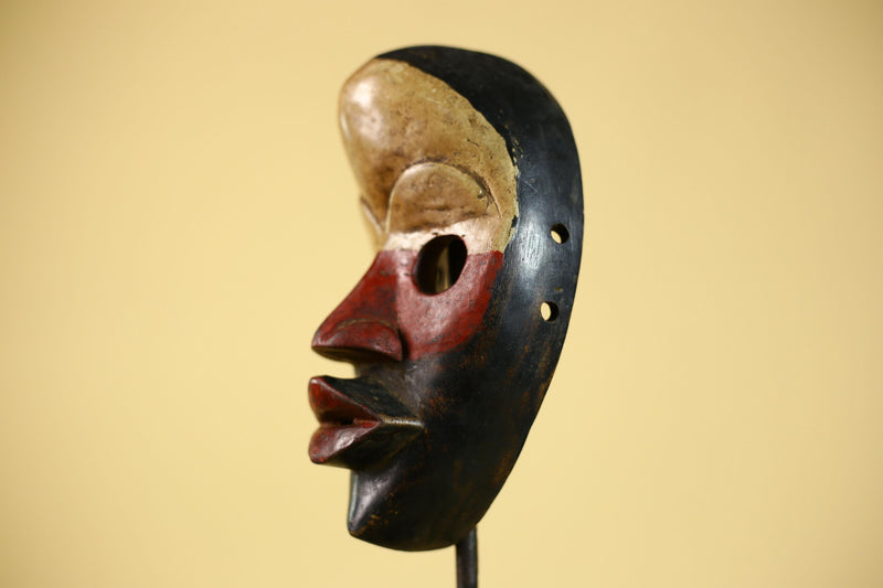 Vintage African Dan Mask Red Black Carved Wood Mask with Bold Lip Wall Art-G6040