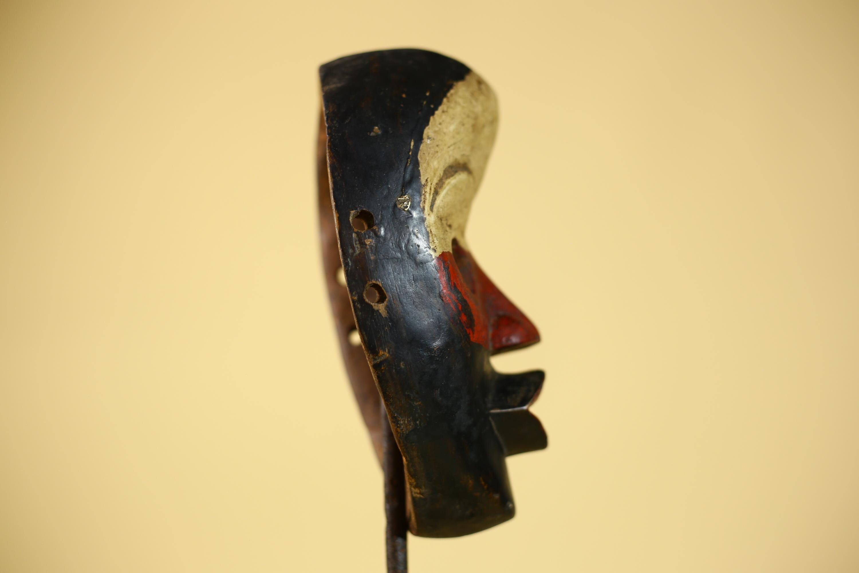 Vintage African Dan Mask Red Black Carved Wood Mask with Bold Lip Wall Art-G6040