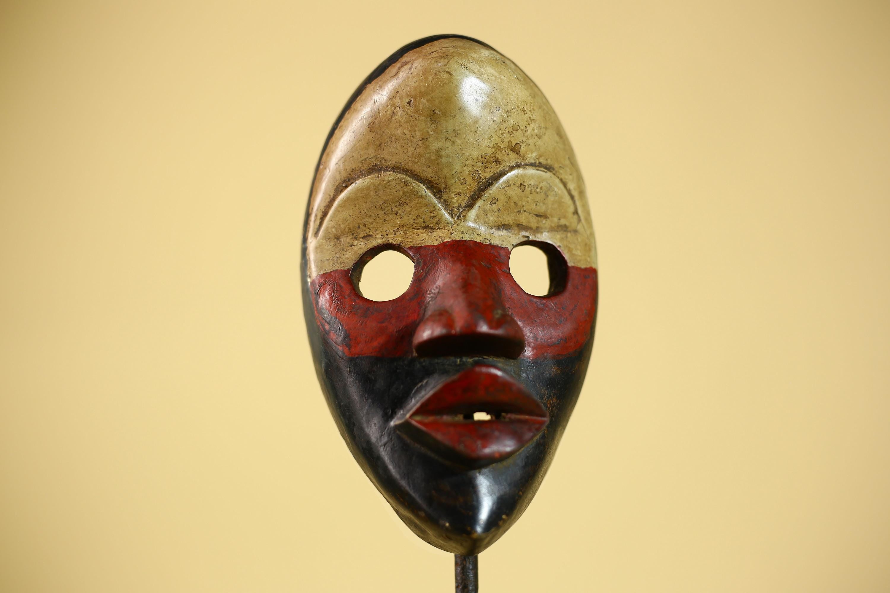 Vintage African Dan Mask Red Black Carved Wood Mask with Bold Lip Wall Art-G6040