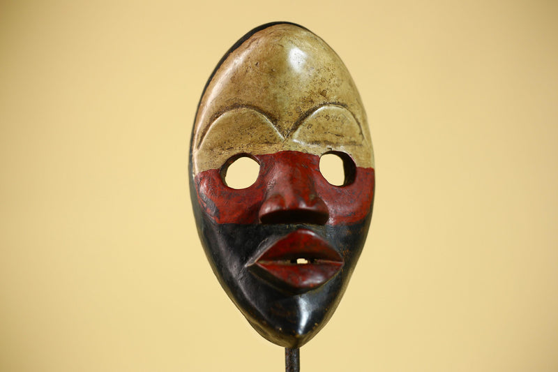 Vintage African Dan Mask Red Black Carved Wood Mask with Bold Lip Wall Art-G6040