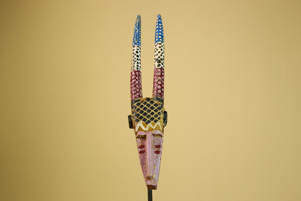 African Tribal Mask Carved Wood Long Horn Design Mali Art Decor-G5940