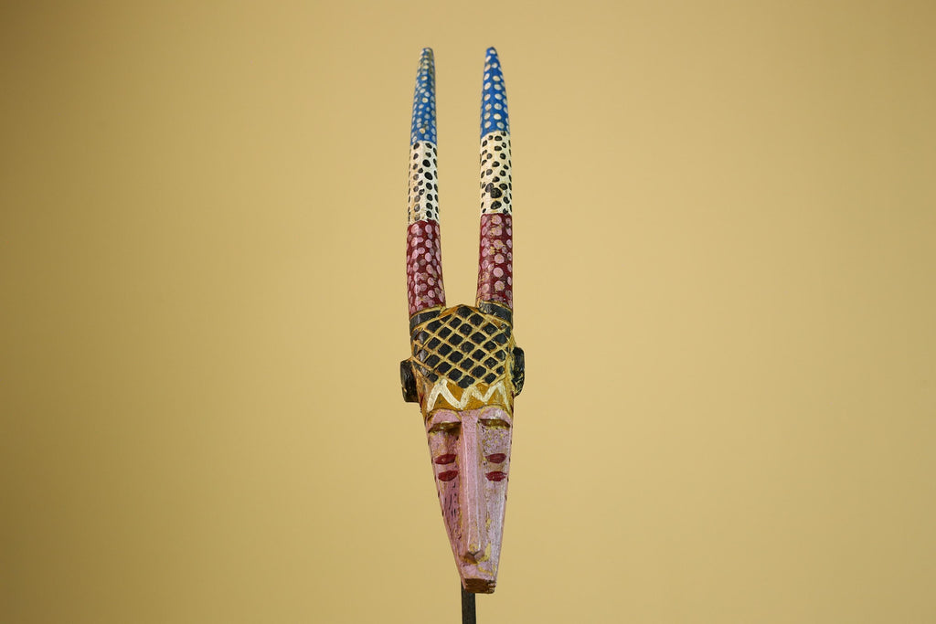 African Tribal Mask Carved Wood Long Horn Design Mali Art Decor-G5940