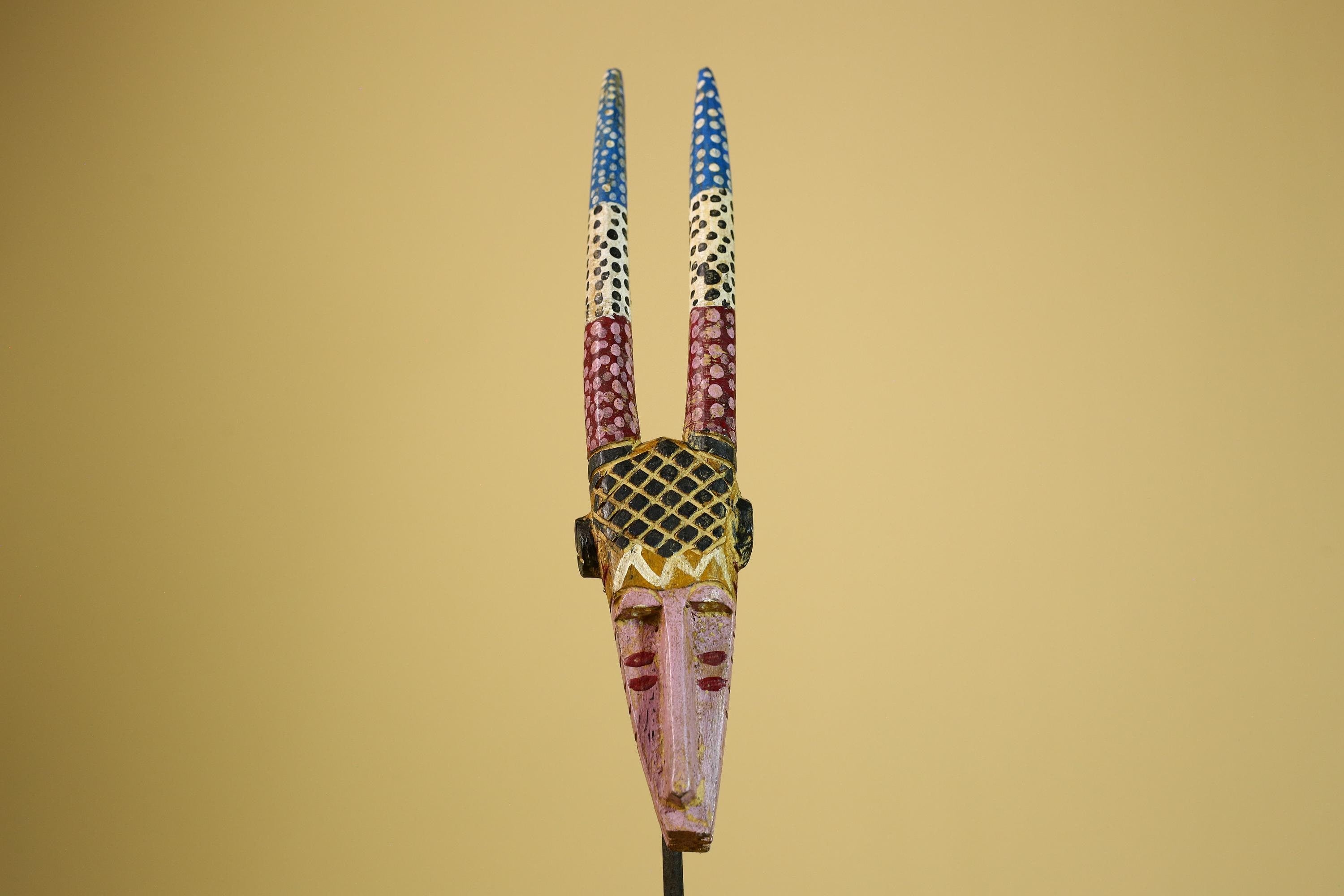 African Tribal Mask Carved Wood Long Horn Design Mali Art Decor-G5940