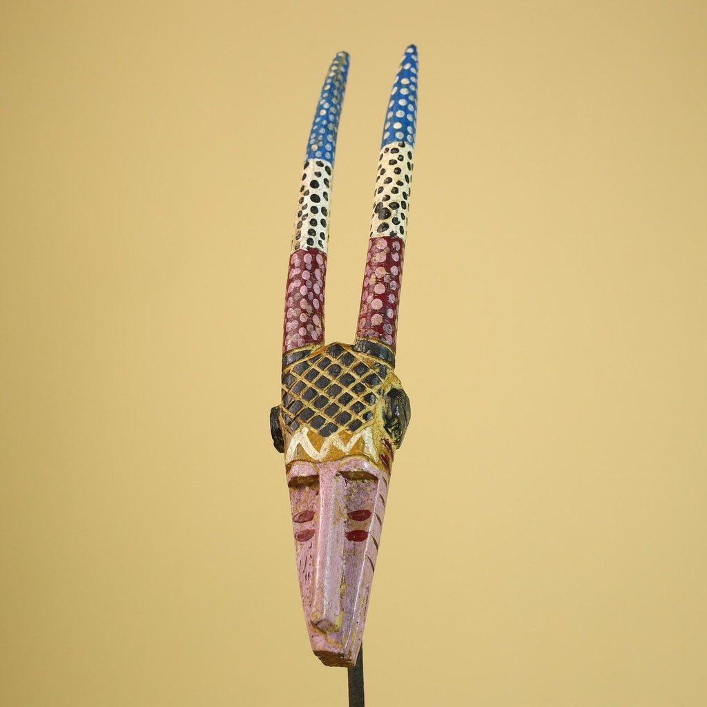 African Tribal Mask Carved Wood Long Horn Design Mali Art Decor-G5940